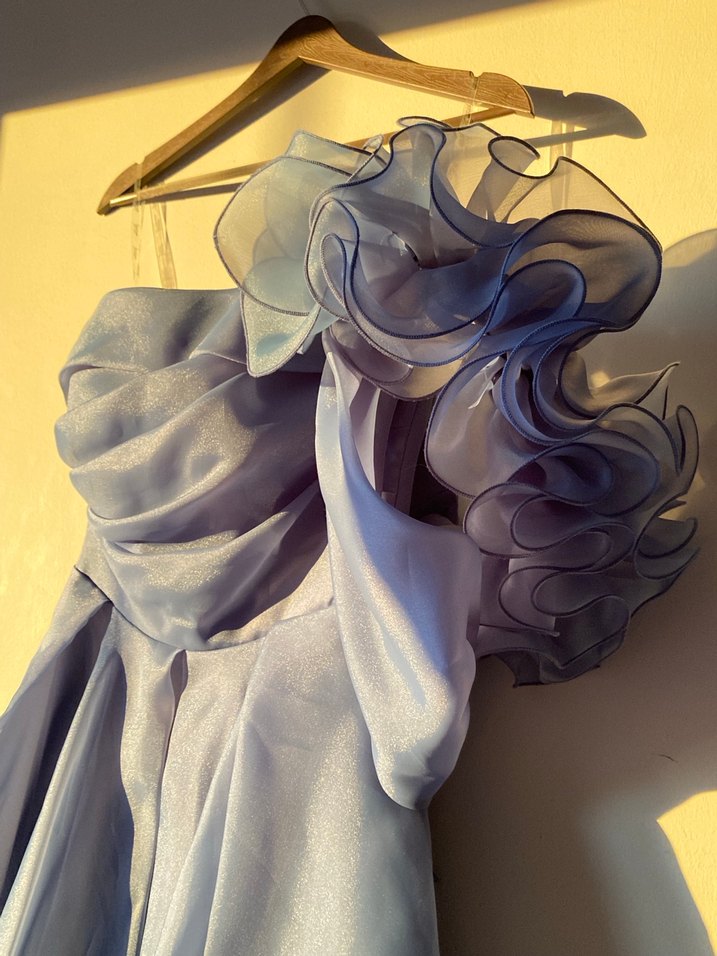 Uzun Drapeli Straplez Mavi Abiye Elbise - Görsel 3