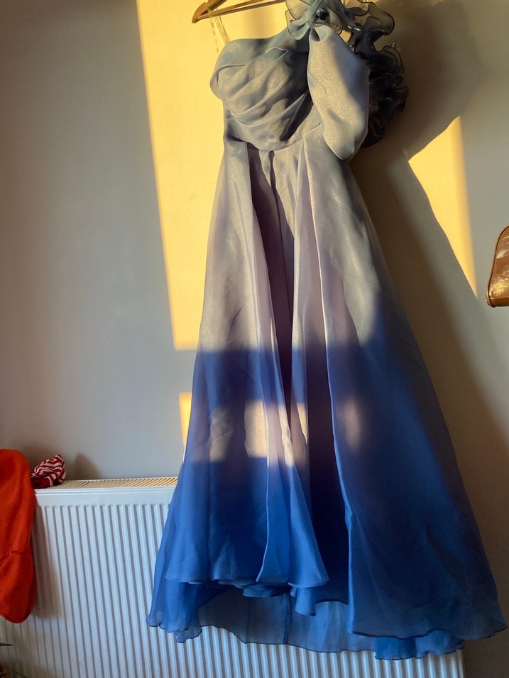 Uzun Drapeli Straplez Mavi Abiye Elbise - Görsel 2