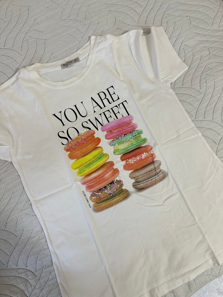 Beyaz Baskılı Kadın Tişört Ruffle Detaylı - Görsel 2