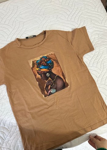 Kadın Camel Bohem Baskılı Kısa Kollu Tişört - Görsel 3