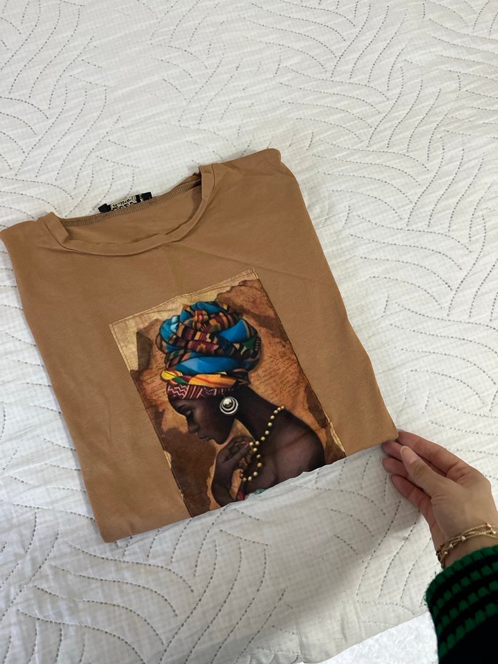 Kadın Camel Bohem Baskılı Kısa Kollu Tişört - Görsel 2