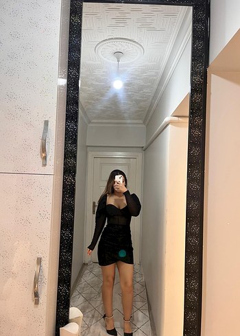 Şeffaf Detaylı Siyah Mini Yılan Desenli Elbise - Görsel 2