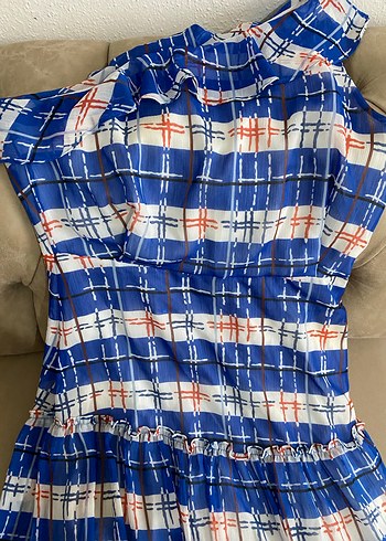 Mavi Pilili Uzun Bağlama Desenli Kadın Elbise Dar kesim - Görsel 4