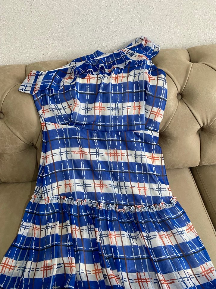 Mavi Pilili Uzun Bağlama Desenli Kadın Elbise Dar kesim - Görsel 2