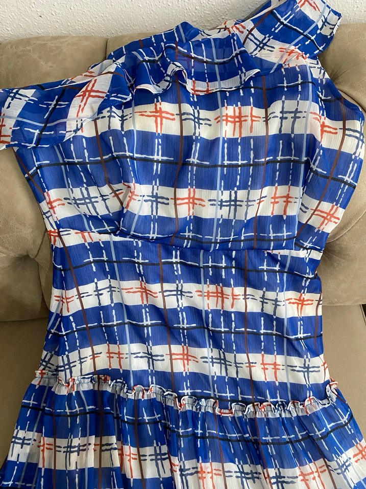 Mavi Pilili Uzun Bağlama Desenli Kadın Elbise Dar kesim - Görsel 4