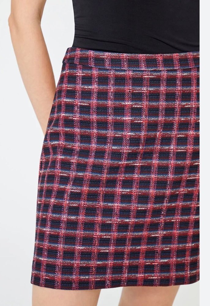 Kareli Kırmızı Pilili Mini Etek - Görsel 2