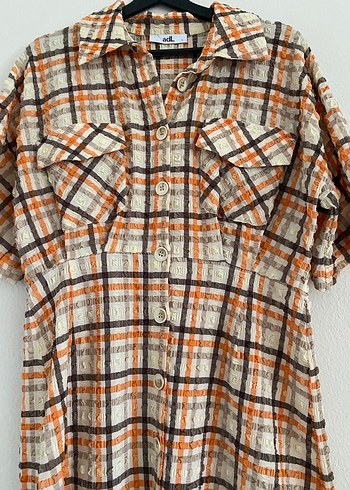 Düğmeli Kısa Kollu Kareli Elbise - Görsel 2