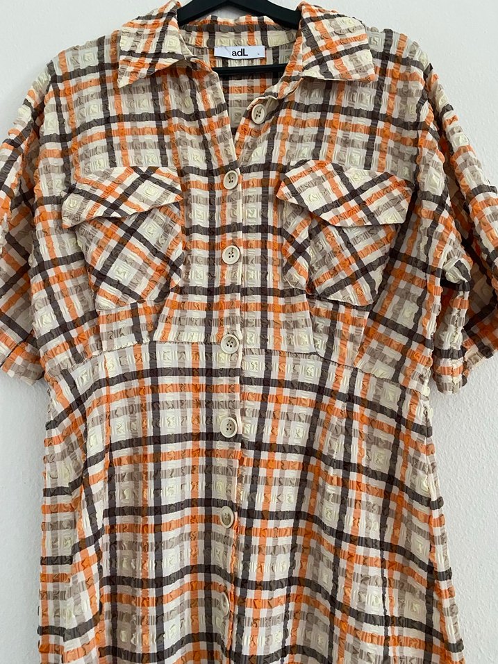 Düğmeli Kısa Kollu Kareli Elbise - Görsel 2