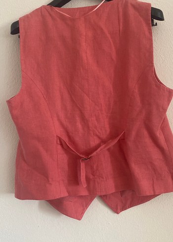 Düğmeli Pembe Keten Kadın Yelek - Görsel 3