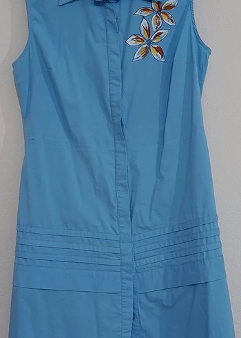 Nakışlı Mavi Midi Boy Kolsuz Elbise - Görsel 2