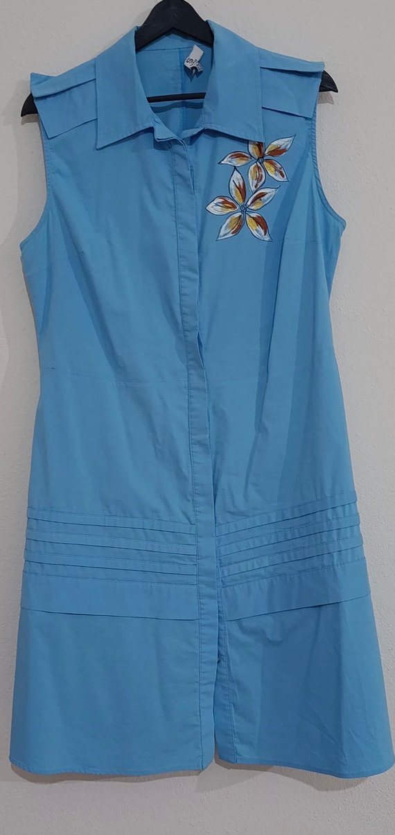 Nakışlı Mavi Midi Boy Kolsuz Elbise - Görsel 2