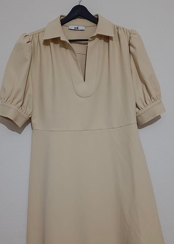 Bej V Yakalı Midi Kadın Elbise - Görsel 2