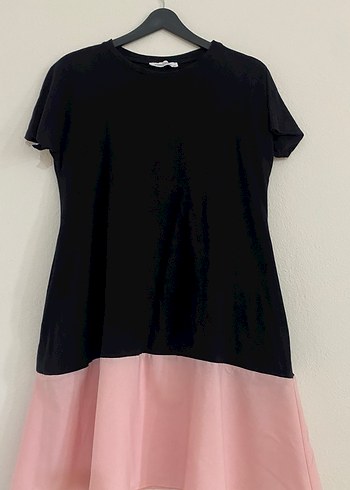 Kısa Kollu Siyah-Pembe Mini Elbise - Görsel 2