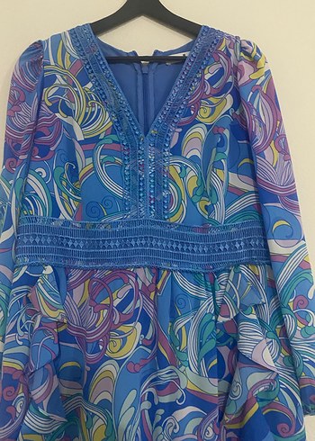 Uzun Kollu Renkli Bohem Elbise - Görsel 3