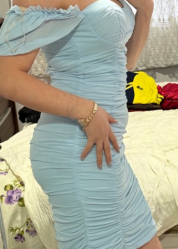 Mavi Drapeli V-Yaka Midi Elbise - Görsel 3