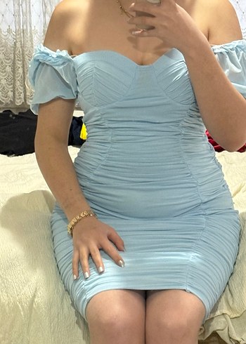 Mavi Drapeli V Yakalı Mini Elbise tül - Görsel 3