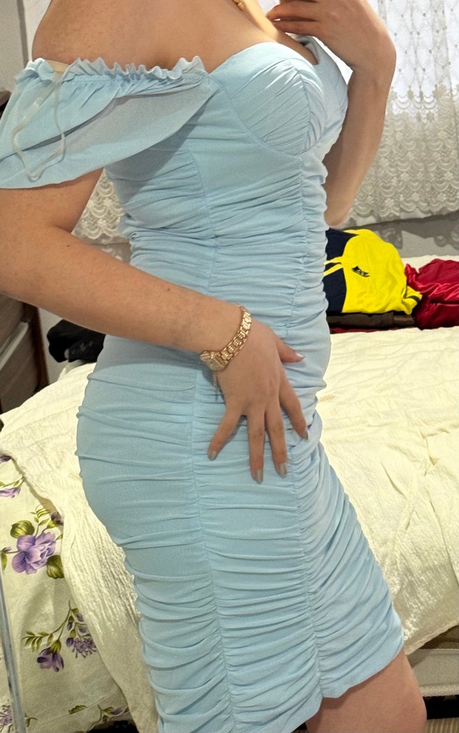 Mavi Drapeli V Yakalı Mini Elbise tül - Görsel 4