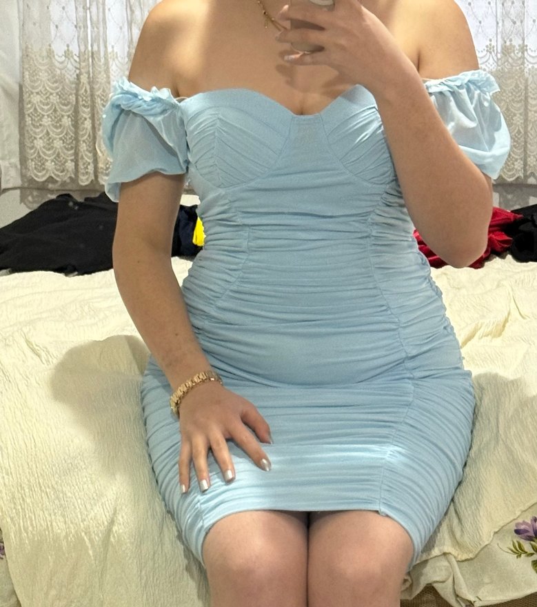 Mavi Drapeli V Yakalı Mini Elbise tül - Görsel 3