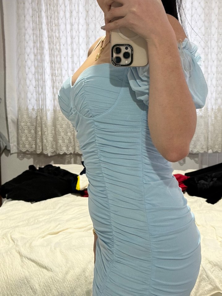 Mavi Drapeli V Yakalı Mini Elbise tül - Görsel 2