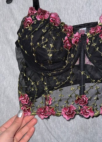 Dantel İşlemeli Siyah-Pembe Büstiyer - Görsel 4