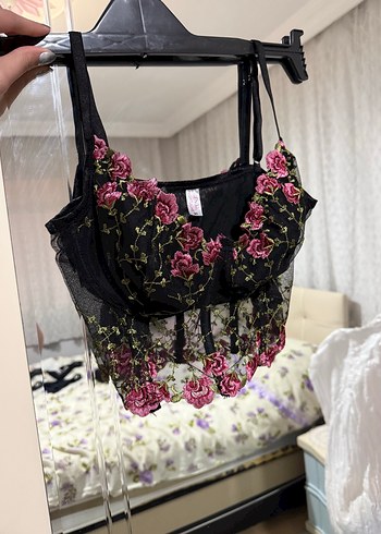 Dantel İşlemeli Siyah-Pembe Büstiyer - Görsel 2