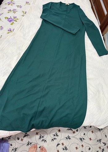 Yeşil V Yakalı Uzun Kollu Uzun Elbise - Görsel 3