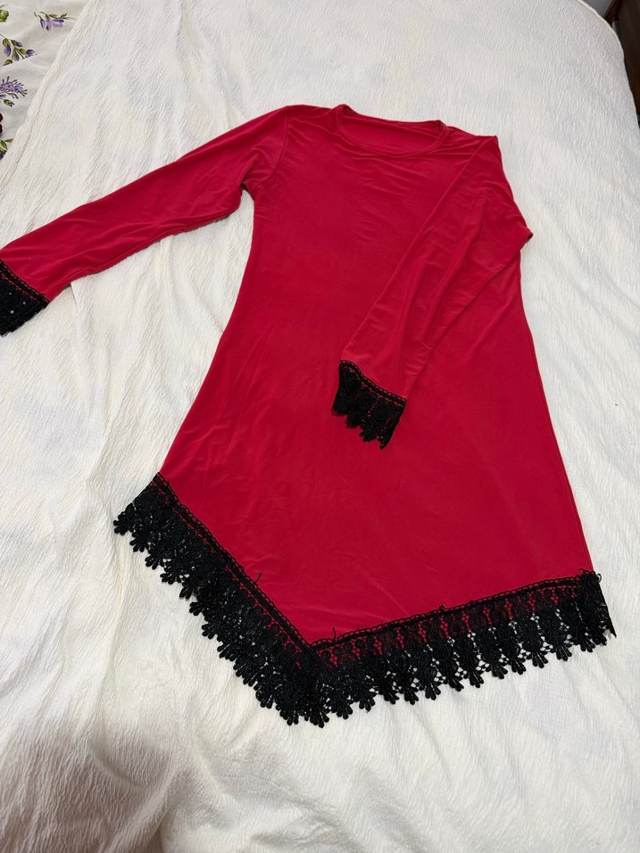 Uzun Kırmızı Bohem Nakışlı Kadın Sabahlık - Görsel 3