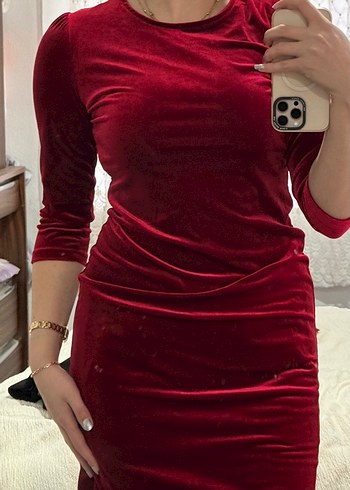 Koyu Kırmızı Uzun Kollu Midi Elbise - Görsel 3