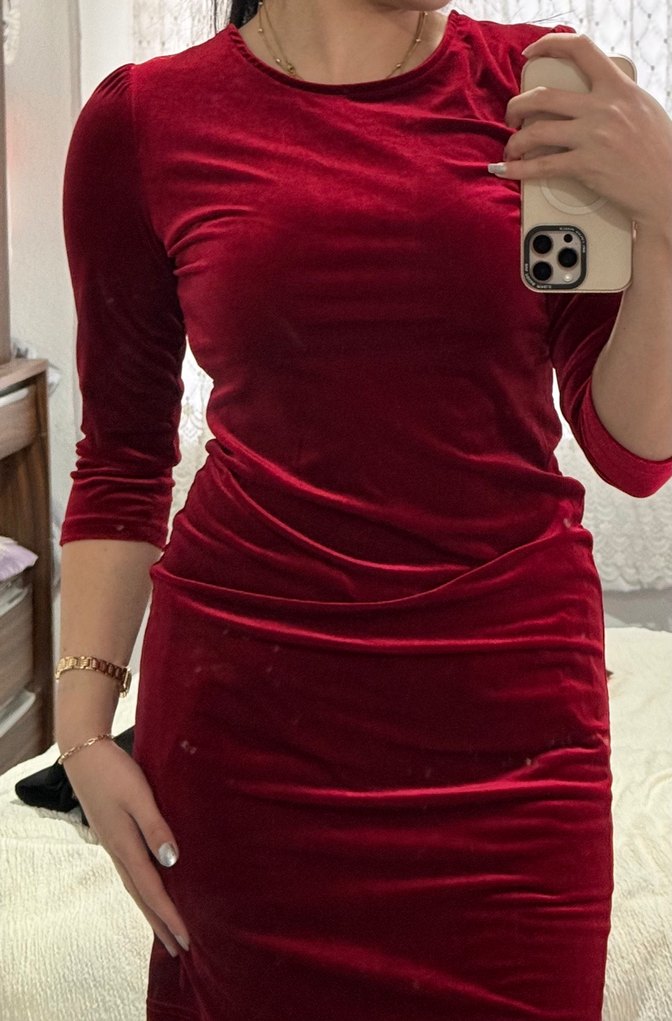 Koyu Kırmızı Uzun Kollu Midi Elbise - Görsel 3