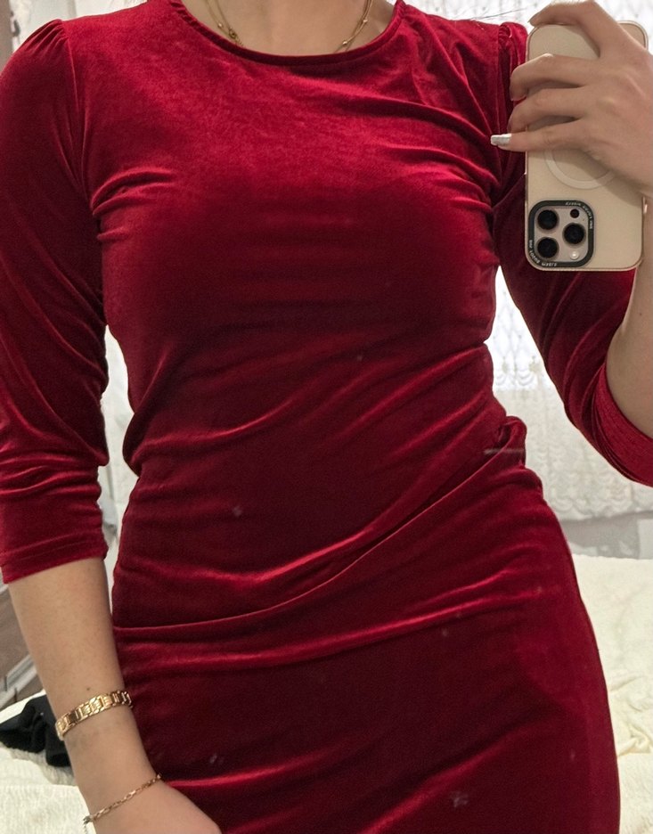 Koyu Kırmızı Uzun Kollu Midi Elbise - Görsel 2