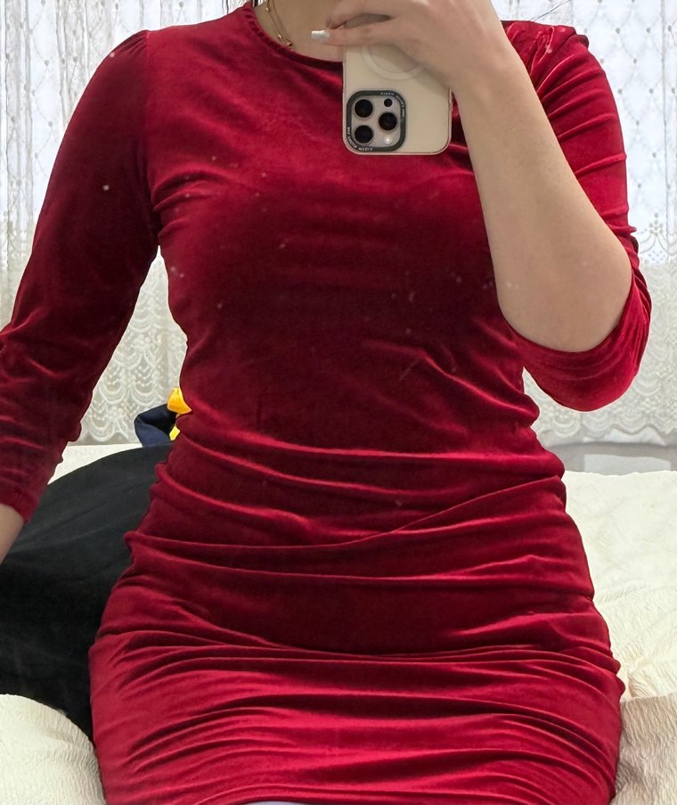 Koyu Kırmızı Uzun Kollu Midi Elbise - Görsel 4