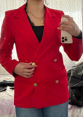 Düğmeli Kırmızı Kadın Blazer Ceket - Görsel 4