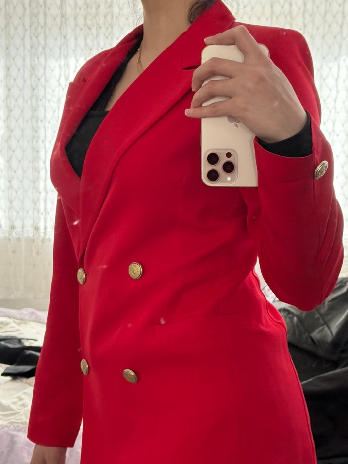 Düğmeli Kırmızı Kadın Blazer Ceket - Görsel 3