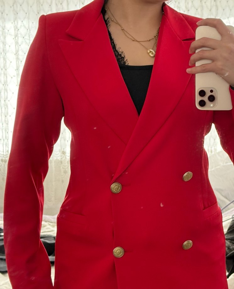 Düğmeli Kırmızı Kadın Blazer Ceket - Görsel 5