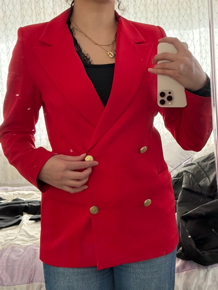 Düğmeli Kırmızı Kadın Blazer Ceket - Görsel 4