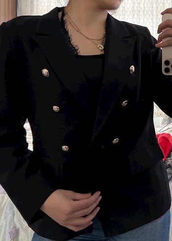 Düğmeli Siyah Kadın Blazer Ceket - Görsel 7
