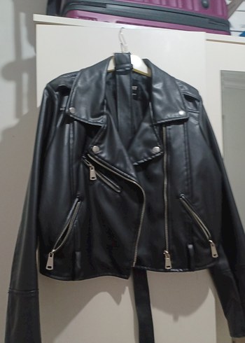 Kadın Siyah Deri Biker Ceket - Görsel 2