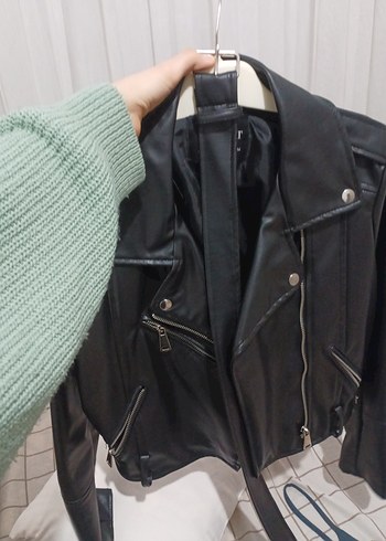 Kadın Siyah Deri Biker Ceket - Görsel 3