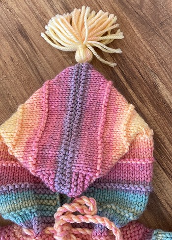 Kız Çocuk Kapüşonlu Renkli Örgü Hırka - Görsel 5