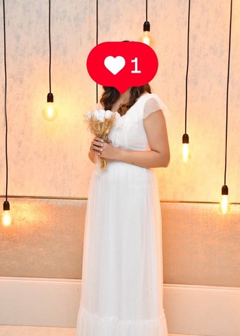 Bohem Beyaz V Yaka Uzun Nikah Elbisesi - Görsel 2