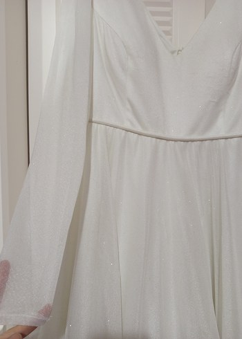 Midi Beyaz V Yaka Uzun Kollu Mini Gelinlik - Görsel 3