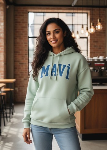 Mavi Baskılı Kapüşonlu Sweatshirt - Görsel 3