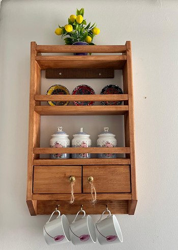 Ahşap Mutfak Duvar Rafı ve Kupa Askısı - Görsel 2