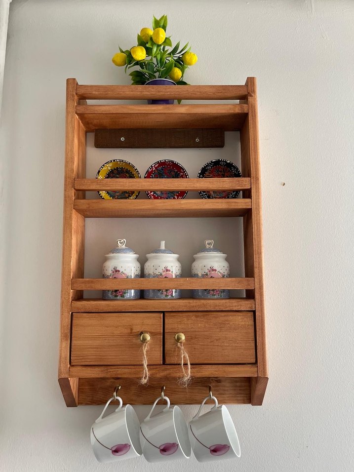 Ahşap Mutfak Duvar Rafı ve Kupa Askısı - Görsel 2