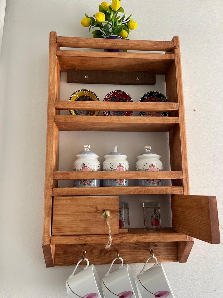 Ahşap Mutfak Duvar Rafı ve Kupa Askısı - Görsel 3