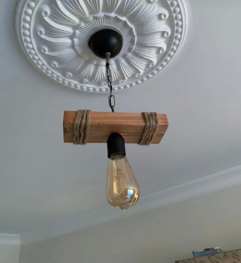 Bej Ahşap Tavan Lambası - Görsel 2