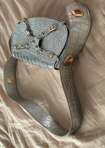 Gri Deri Yılan Desenli Tokalı Kadın Çanta - Görsel 5