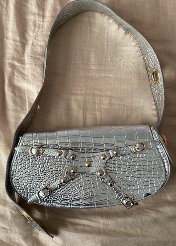Gri Deri Yılan Desenli Tokalı Kadın Çanta - Görsel 2