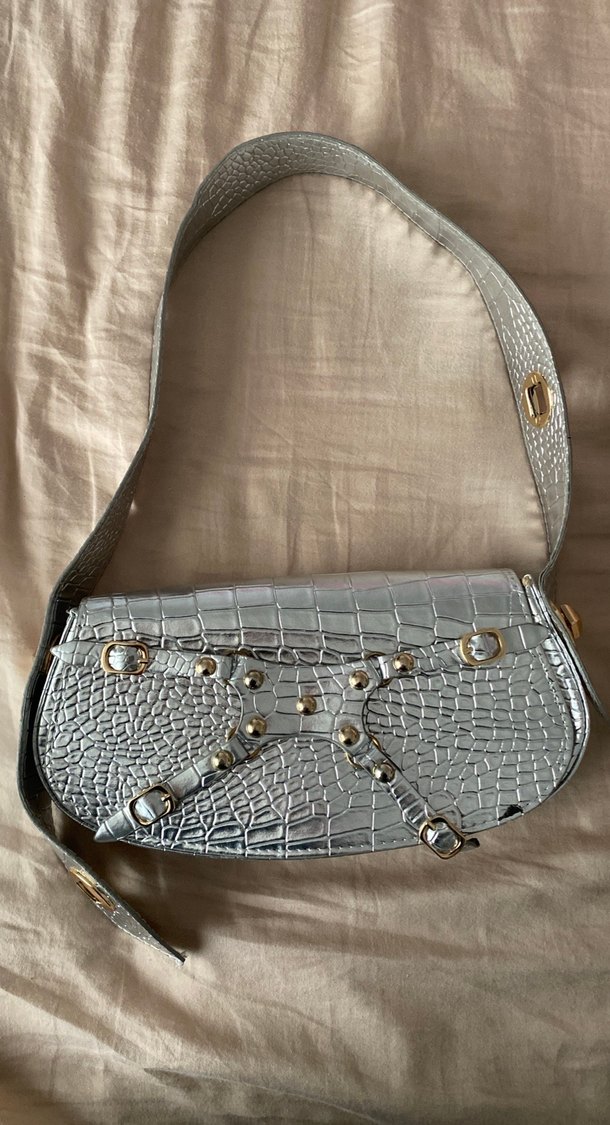 Gri Deri Yılan Desenli Tokalı Kadın Çanta - Görsel 2