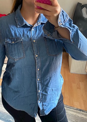 Mavi Kot Gömlek Kadın Uzun Kollu - Görsel 3